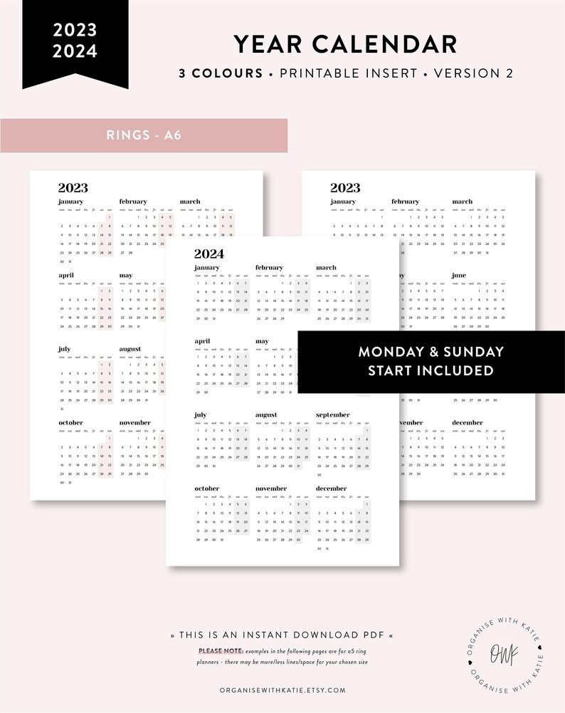 2023 2024 A6 Rings Calendar Printable Year at a Glance Etsy Schweiz