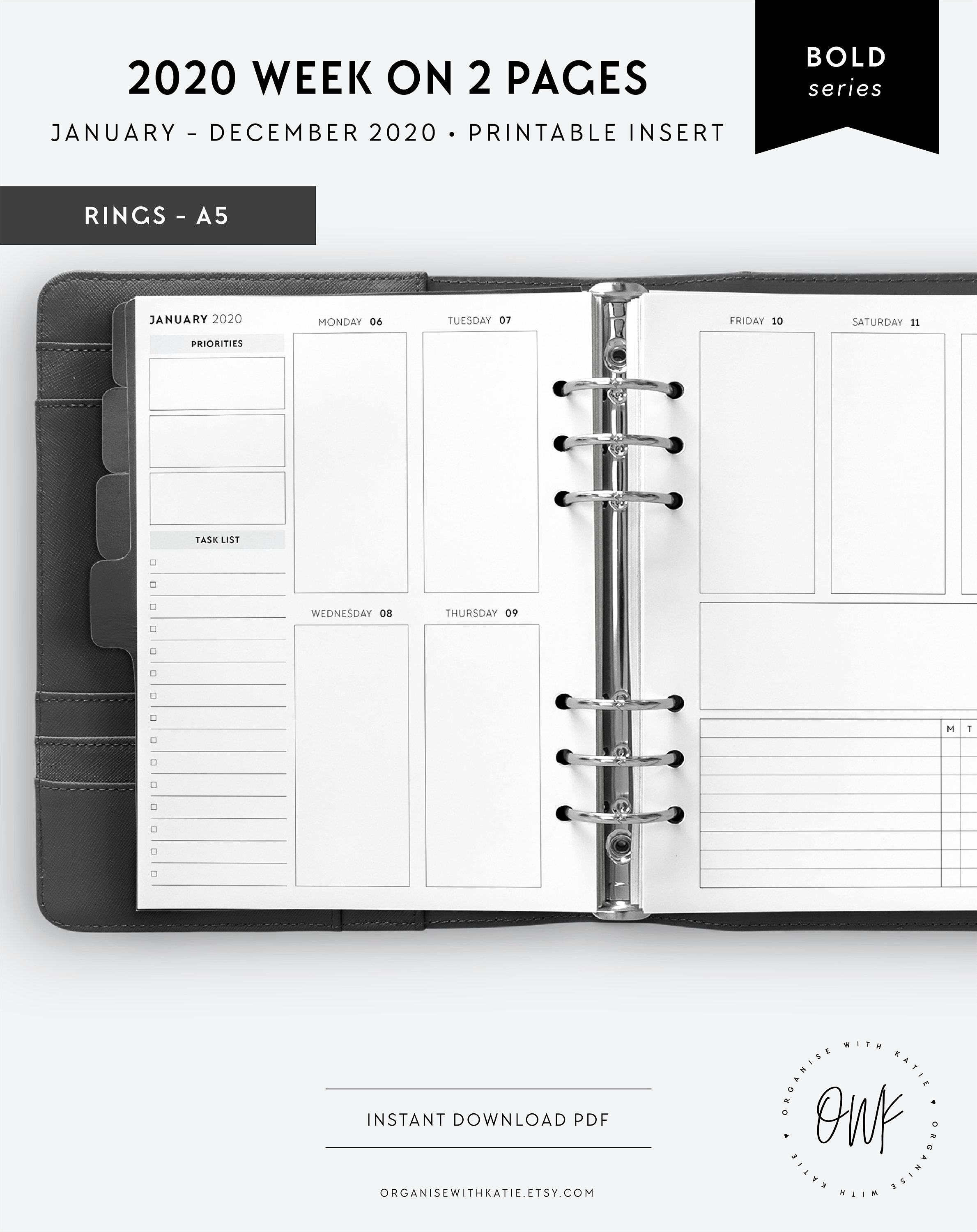a5 2020 weekly planner printable vertical week on 2 pages etsy