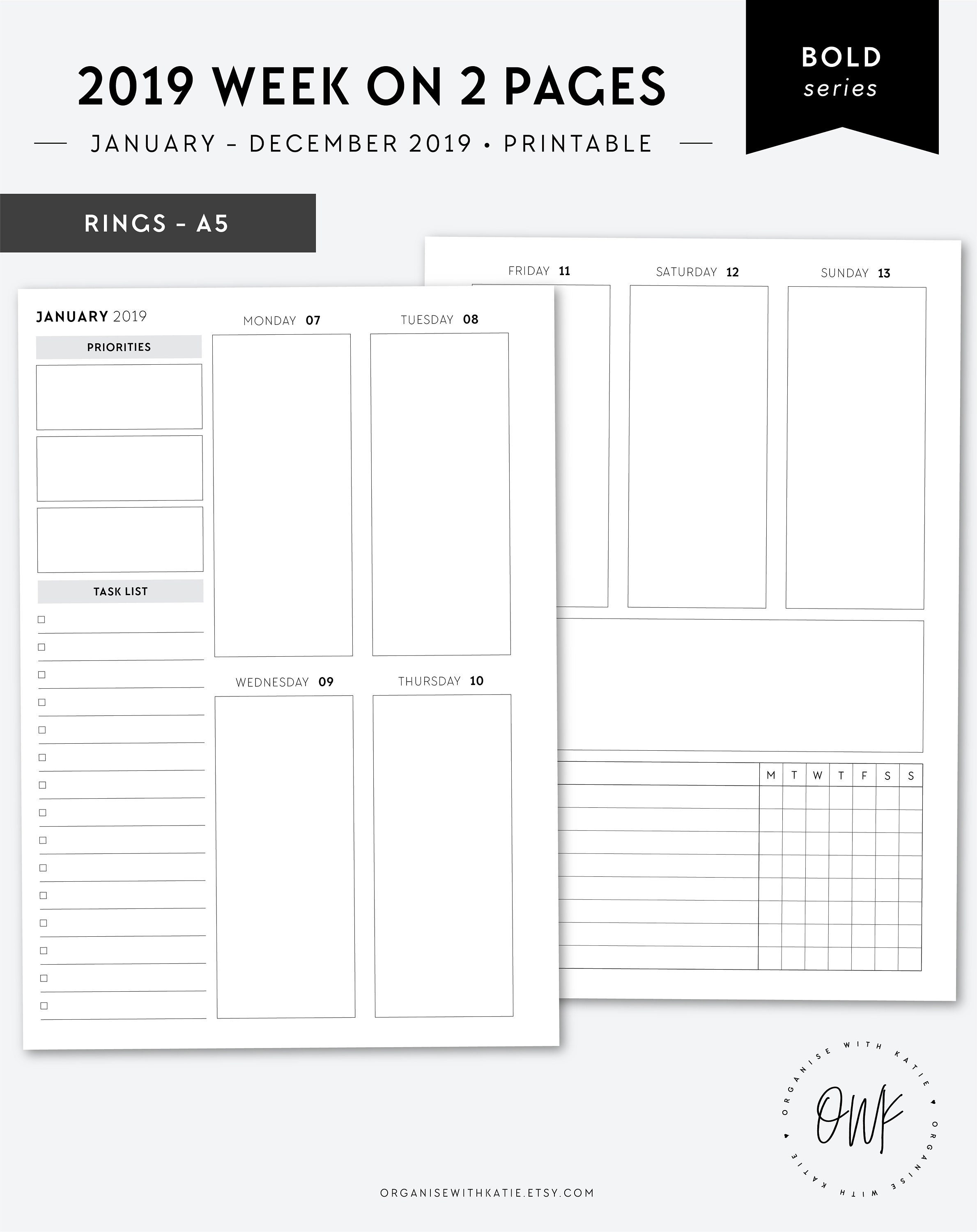 a5 2019 weekly planner printable vertical week on 2 pages