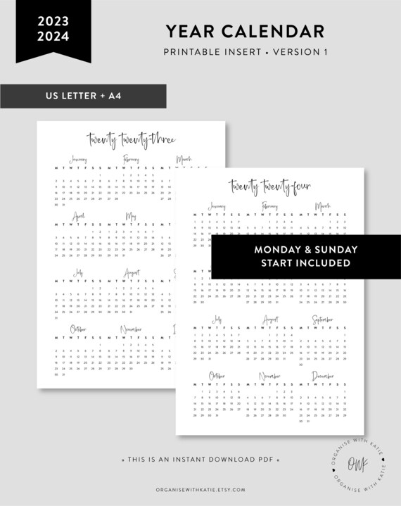 Calendrier A4 2023 2024 2023 2024 A4 Us Letter Year On 1 Page Printable Instant | Etsy