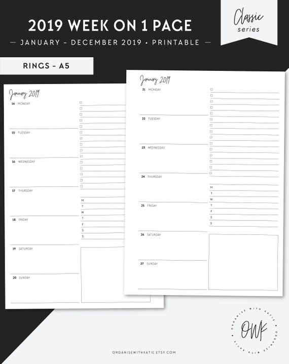 a5 2019 weekly planner printable horizontal week on 1 page etsy