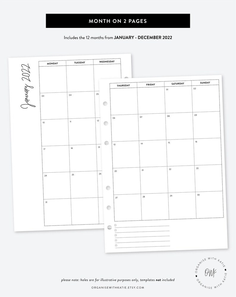 A5 2022 Monthly Planner Printable Month on 2 Pages Calendar Etsy