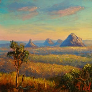 May include: Oil painting depicting a landscape with distant mountains beneath a colourful sky. A tree and fence are in the foreground. The painting uses warm colours, with shades of yellow, orange, and blue.