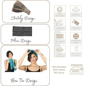 May include: Image of headbands in various designs and colours. Includes a taupe stretchy headband, a grey plain headband, and a teal bow tie headband. Features include breathable, lightweight, and sweat-absorbing materials.