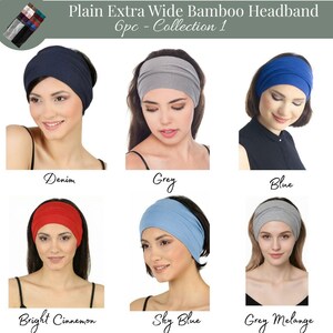 May include: A selection of six plain, extra-wide bamboo headbands in different colours. The headbands are displayed on models, with shades including denim, grey, blue, bright cinnamon, sky blue, and grey melange. The text "Plain Extra Wide Bamboo Headband" is at the top.