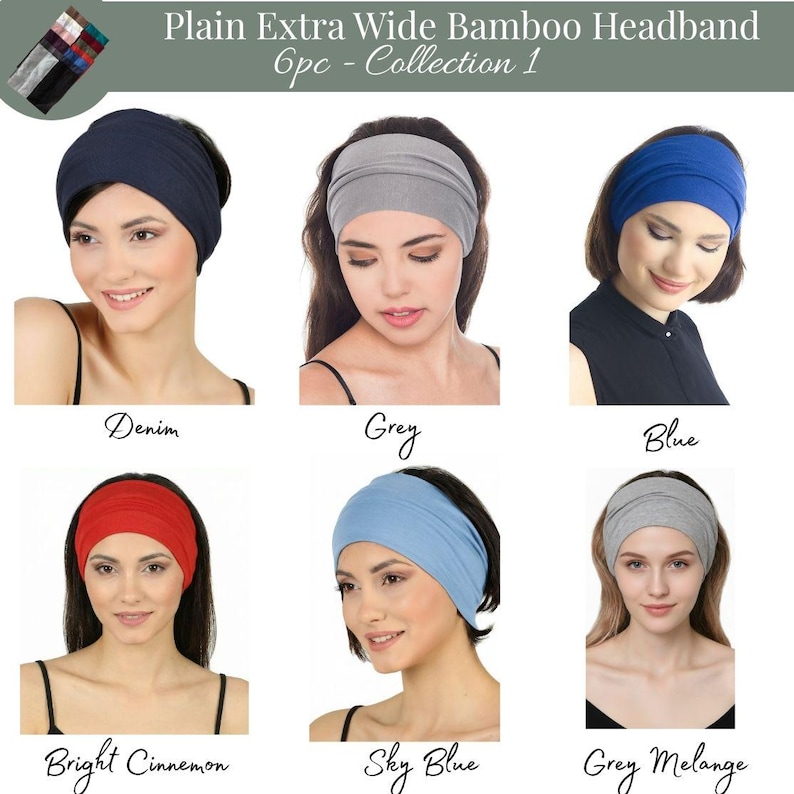 May include: A selection of six plain, extra-wide bamboo headbands in different colours. The headbands are displayed on models, with shades including denim, grey, blue, bright cinnamon, sky blue, and grey melange. The text "Plain Extra Wide Bamboo Headband" is at the top.
