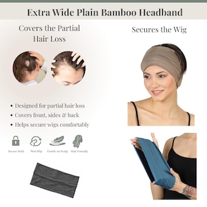 May include: An extra wide, plain bamboo headband in various colours. The image shows the headband being worn and held. Text on the image states the headband is designed for partial hair loss, covers front, sides & back, and helps secure wigs comfortably.
