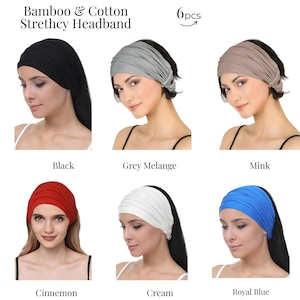 May include: A selection of six bamboo and cotton stretchy headbands in black, grey melange, mink, cinnamon, cream, and royal blue. The headbands are displayed on models.