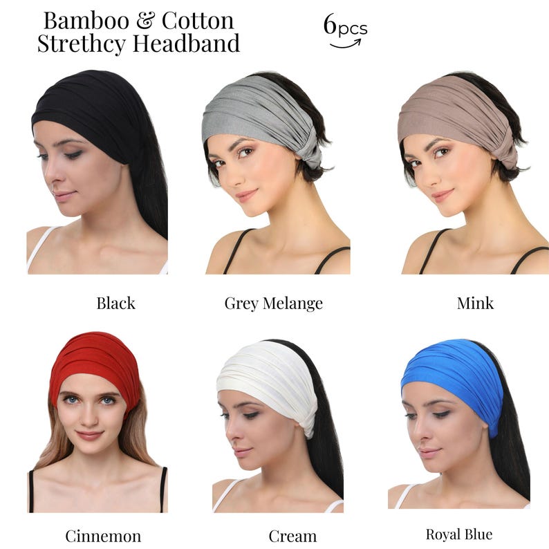 May include: A selection of six bamboo and cotton stretchy headbands in black, grey melange, mink, cinnamon, cream, and royal blue. The headbands are displayed on models.