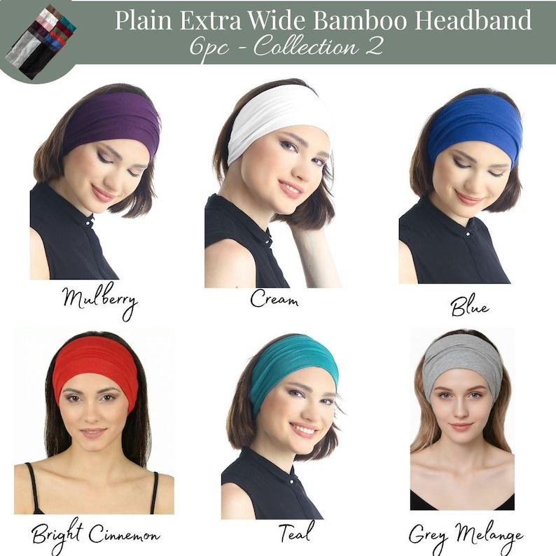 May include: A selection of six extra-wide bamboo headbands in colours including mulberry, cream, blue, bright cinnamon, teal, and grey melange. The text reads "Plain Extra Wide Bamboo Headband" and "6pc - Collection 2".