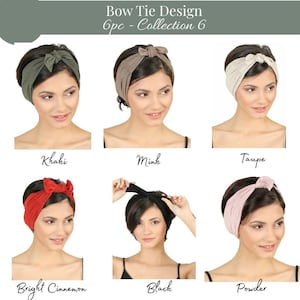 May include: A selection of six bow tie headbands in shades including Khaki, Mink, Taupe, Bright Cinnamon, Black, and Powder. The image shows the headbands on a model, with the text "Bow Tie Design 6pc - Collection 6".