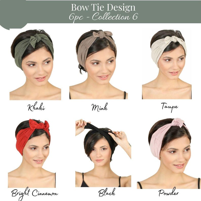 May include: A selection of six bow tie headbands in shades including Khaki, Mink, Taupe, Bright Cinnamon, Black, and Powder. The image shows the headbands on a model, with the text "Bow Tie Design 6pc - Collection 6".