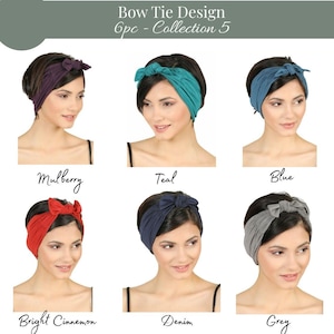 May include: A selection of six bow tie headbands in shades of mulberry, teal, blue, bright cinnamon, denim, and grey. The image includes the text "Bow Tie Design 6pc - Collection 5" at the top.