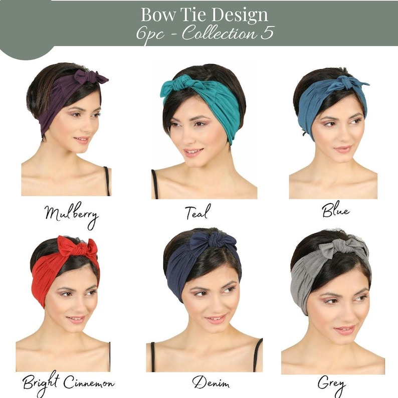 May include: A selection of six bow tie headbands in shades of mulberry, teal, blue, bright cinnamon, denim, and grey. The image includes the text "Bow Tie Design 6pc - Collection 5" at the top.