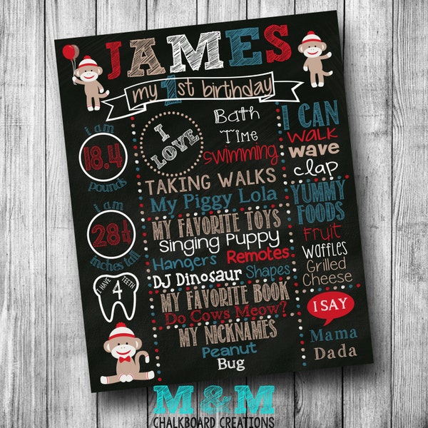 Sock Monkey First Birthday Chalkboard Poster- Boy or Girl - Customized 1st Birthday Chalk board- Custom Printable Sign- Red Blue Grey Teal