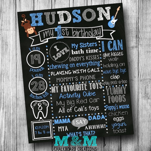 First Birthday Chalkboard Poster - Boy - Girl - Customized 1st Birthday Chalk board- Custom Printable Sign- Monkey Rock star Blue Grey White