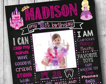 Pink and Purple Princess Birthday Chalkboard Poster Princess First Birthday Chalkboard Girl Sign First Birthday Girl Castle Crown Poster