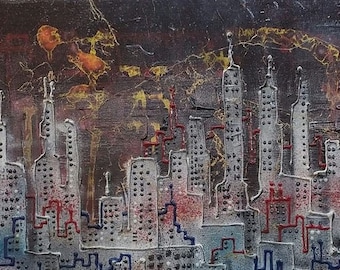 Original abstract painting city scape "Lightening Night" Larry D. Thacker mixed medium www.larrydthacker.com