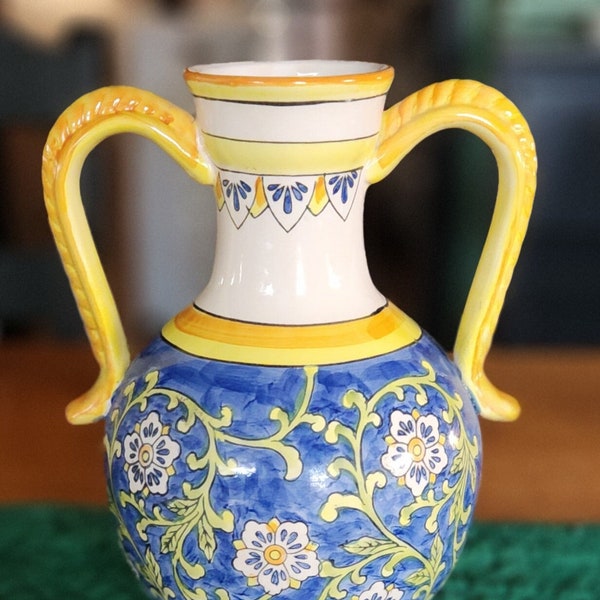 Vase 10 inch WCL Pottery Vintage Handpainted Stoneware Italy Style Home Decor Gift Blue and Yellow Pembroke Pines Chinoiserie Flower Vase