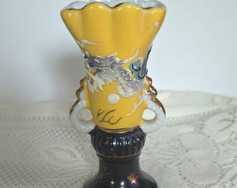 Jarrón Dragonware antiguo, 1921-1941, Moriage, dragón sobre porcelana amarilla y negra, miniatura, decoración asiática.