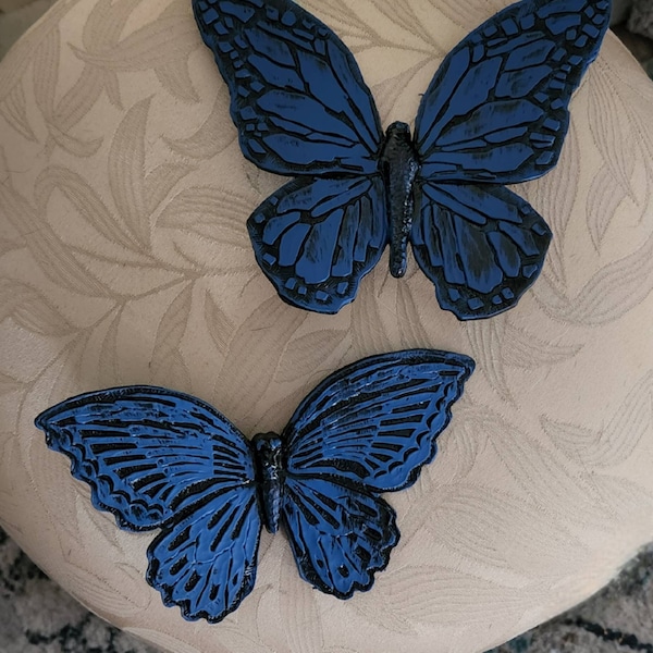 Butterfly Set of 2 Blue Morpho Style Wall Art Upcycled Vintage Painted Black and Blue Syroco Wall Decor Set French Cottage Chic Home Decor