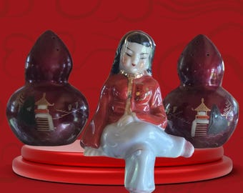 Estantería japonesa vintage con diseño de calabaza lacada en rojo, pintada a mano, con paisaje del Monte Fuji en dorado, para niña, decoración asiática para el hogar.