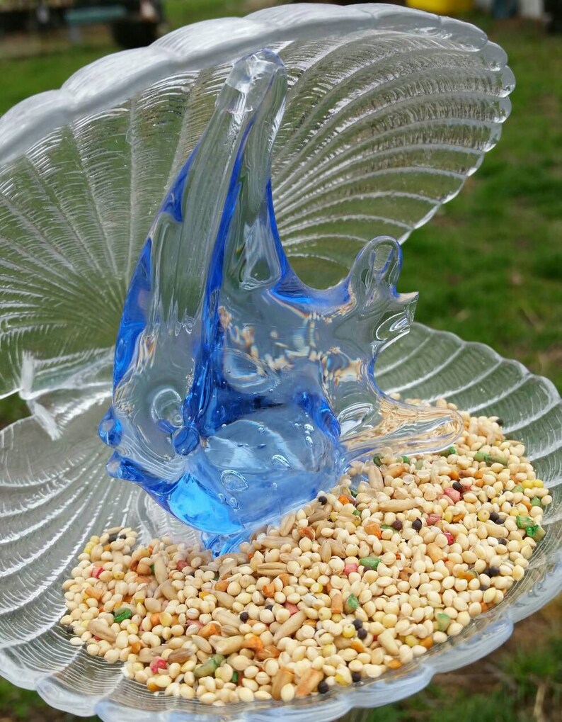 Bird Feeder Upcycled Vintage Glass Shell Plate And Blue Blown Etsy