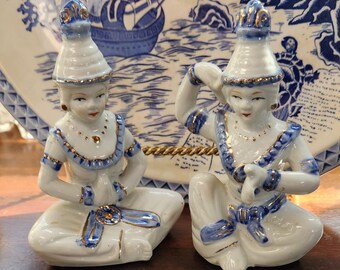 Asian Figurines Vintage Thai Siamese Temple Dancers Buddha Style Blue White Gold Home Decor Sitting Asian Couple