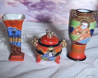 Colección de incienso y jarrones Foo Dog, antiguo jarrón Satuma Moriage japonés, perro león guardián, dorado, porcelana japonesa, decoración asiática para el hogar.