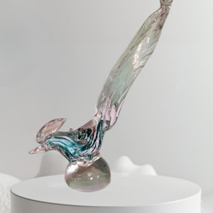 Murano Glass Bird Figurine Vintage Cased Blown Glass Tall Aqua Brown Rooster Barbini Controlled Bubble Bullicante Venetian Italian Art