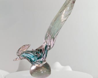 Figura de pájaro de cristal de Murano, estilo vintage, soplado, alto, color marrón aguamarina, gallo Barbini, burbuja controlada, bullicante, arte veneciano italiano.