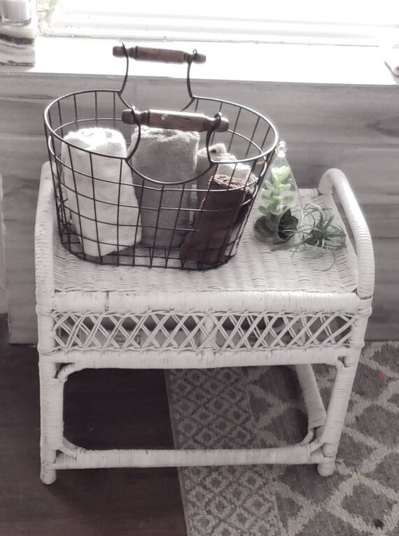 Wicker Stool Vintage Small White Wicker and Bamboo Foot Stool Etsy