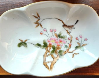 Trinket dish Vintage Toyo Japan made Yama Ji Bird w Pink Blossoms Asian Home Decor Flower and Bird Decor Trinket Dish