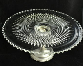 Cake Stand Large 1940s Vintage EAPG Candlewick Cake Plate Sterling Silver Pedestal Early American Glass Elegant Home Decor Wedding Holiday