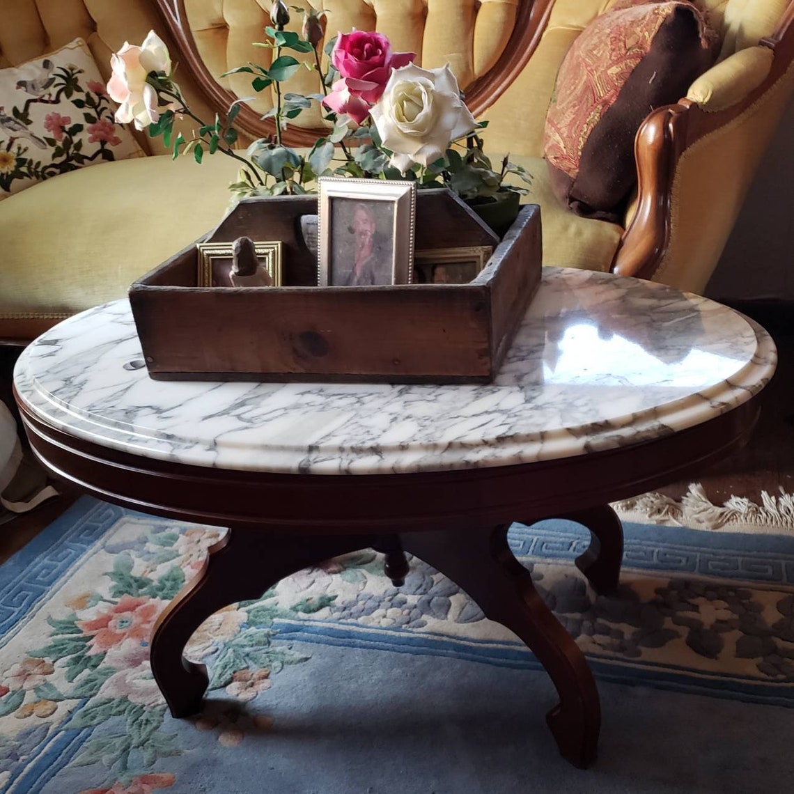 Table Antique Oval Marble Coffee Table Carved Mahagony Wood Etsy