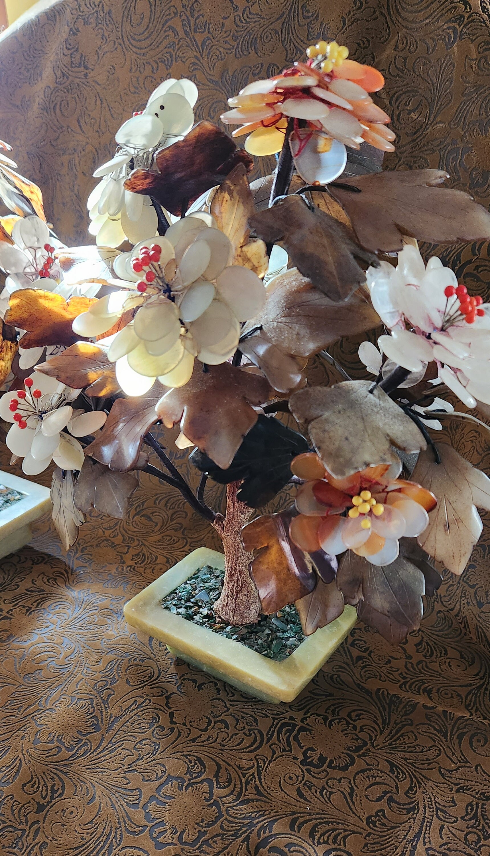 Jade and Agate Stone Tree Vintage 12 in Flowering Tree Serpentine Jade Planter Option of 2 Brown White Pink Chinese Tree Asian Home Decor
