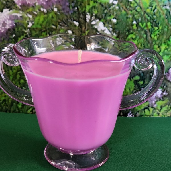 Lilac Rain Candle in Lavender Glass Sugar Dish Natural Soy in Vintage Two Handled Sugar Bowl Fresh Farmhouse Floral Unique Home Decor Candle