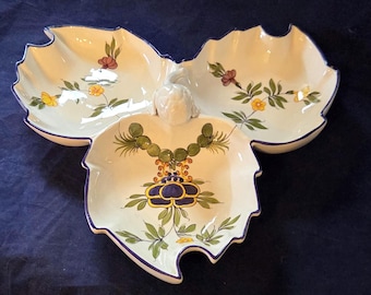 Plato para aperitivos ESTE Vintage Hecho en Italia Bandeja dividida de 3 hojas de cerámica de mayólica Neiman Marcus Dulces Aperitivos Frutos secos Decorato italiano