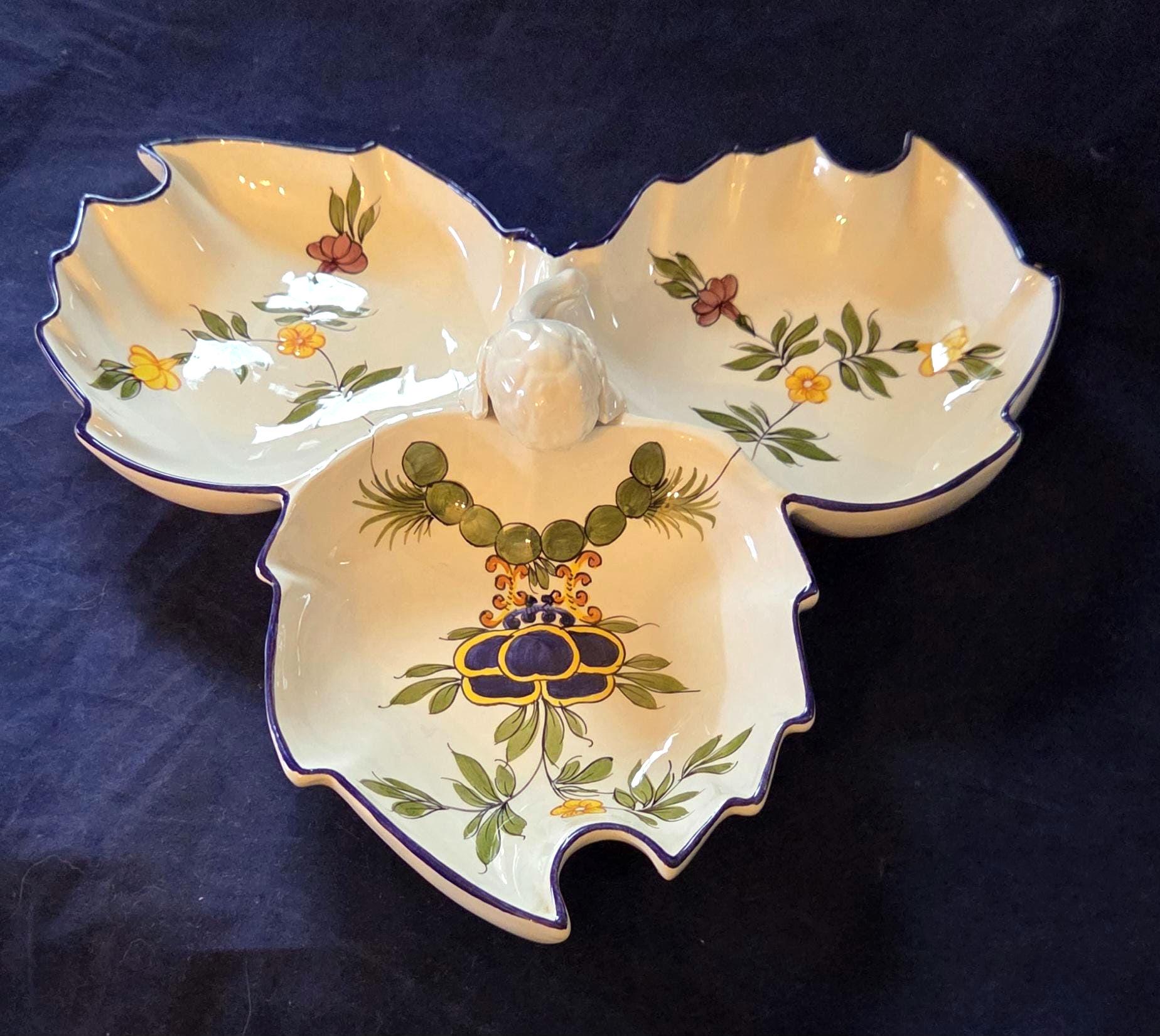 Plato para condimentos ESTE Vintage hecho en Italia, bandeja para servir dividida de 3 hojas, cerámica mayólica, cerámica Neiman Marcus, dulces, aperitivos, nueces, decoración italiana