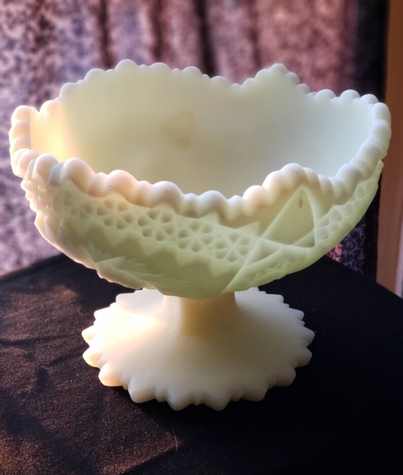 Bowl Fenton Glass Yellow Custard Compote Vintage Scalloped Etsy