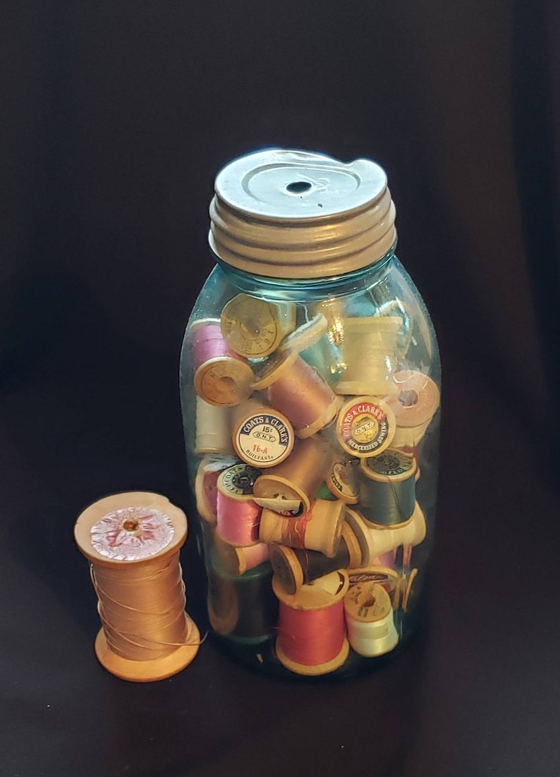 Sewing Thread In Antique Ball Jar Aqua Glass Container Lot Of Wooden Spool Threads Vintage Home Decor Room Craft Supply Storage