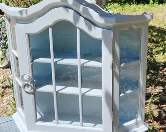 Wall Display Case Upcycled Vintage Curio Cabinet Painted Gray Wood Glass Curiosity Shelf Ornate Cottage Chic Home Decor Figurine Storage