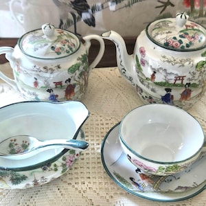 Teaset Choice Antique Japan Kutani Geisha in Garden Japanese Moriage Handpainted Eggshell Porcelain Teapot Sugar Cup Bowl Asian Home Decor