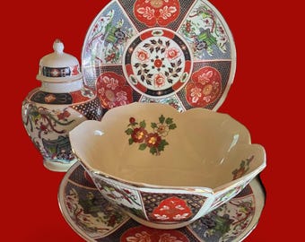 Colección de porcelana pintada Imari, cuenco de loto, plato x2, juego de tarro de jengibre, decoración asiática para el hogar, dorado, negro, rojo, azul, pájaro y rickshaw, regalo