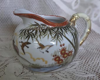 Creamer Antique Kutani Gold Gilded Handpainted Bamboo and Bird #246 Japanese Porcelain Serving Creamer Collectible Asian Home Decor