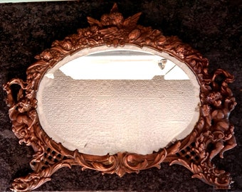 Copper Wall Mirror Vintage Antique Molded Iron Vanity Mirror Stand Cherub Embellishment Elegant Victorian French Home Decor no easle stand