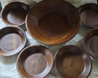 Juego de ensaladeras de madera vintage de nogal, cuenco para servir, estilo Monkey Pod, redondo, retro, decoración del hogar, madera natural, almacenamiento de cocina