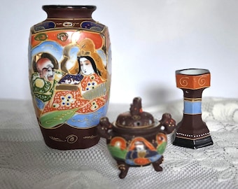 Colección Satuma Moriage: Incienso Foo Dog con jarrón japonés antiguo, perro león guardián, dorado, porcelana japonesa pintada a mano, decoración asiática para el hogar