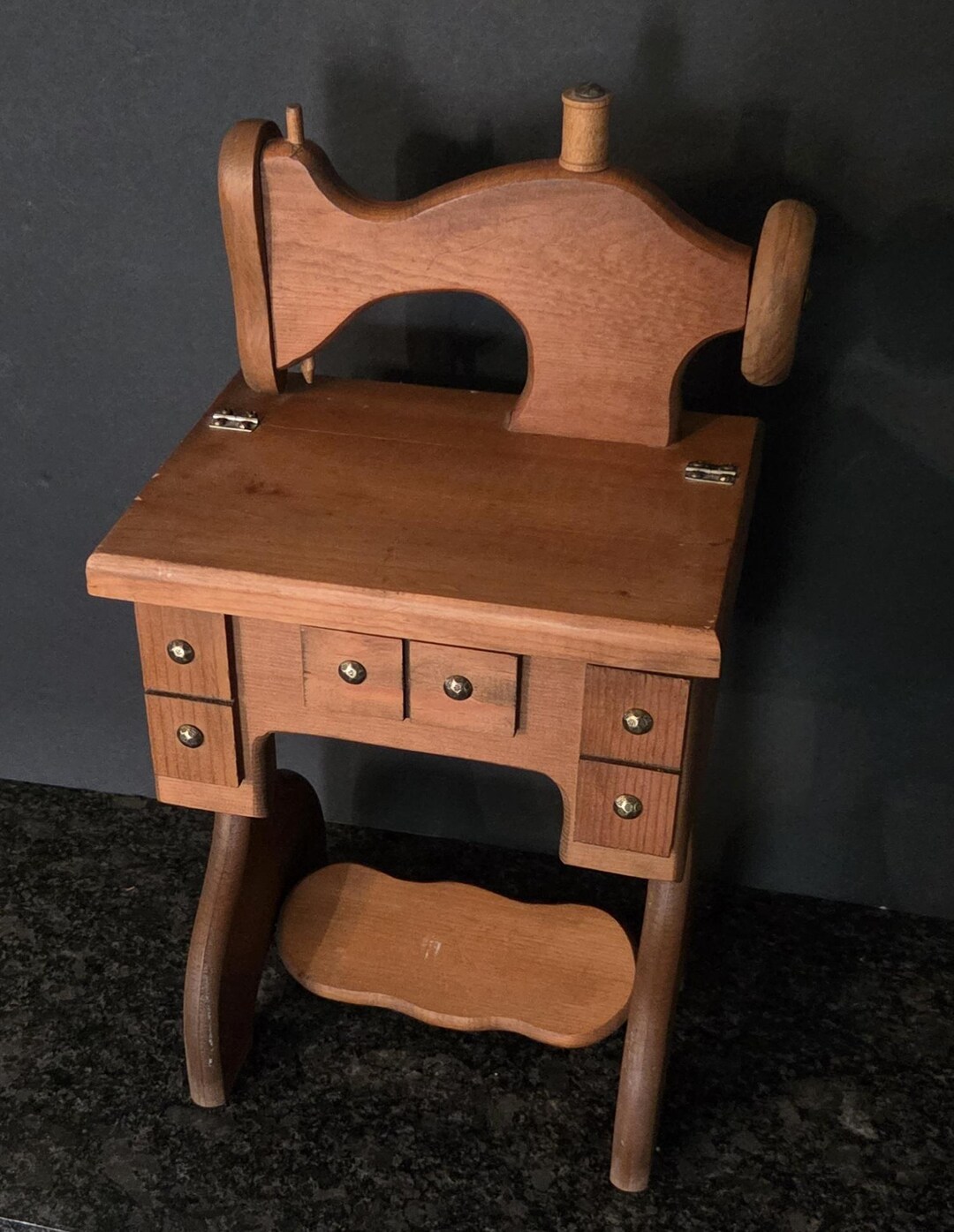 Sewing Machine Cabinet Vintage Wood Hinged Lid Thread Spool Pedal ...