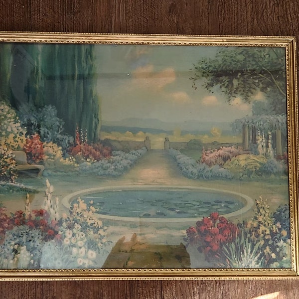 Natures Beauty Antique R. Atkison Fox Gold Framed Lithograph Print Early 1900s Park Pond Art Nouveau Wall Hanging Victorian Decor